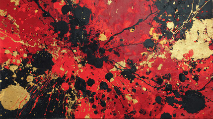 Abstract Painting Background with Red Black and Gold Splatters and Dynamic Texture