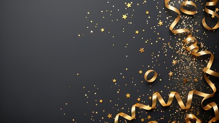 Golden Ribbon and Star Confetti against Dark Background for Celebratory Events, Parties, and Festive Occasions