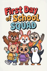 Fototapeta premium Cartoon Animal Squad Ready for First Day of School Adventure