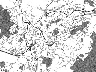 Poster-ready black and white illustration map of Guimaraes, Portugal, detailed and artistic.