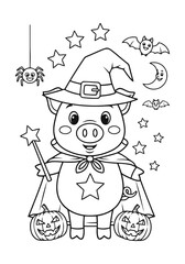Adorable Piglet Wizard Halloween Coloring Page for Kids and Adults in Activity Books