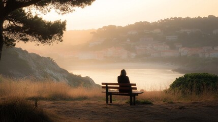A person sitting on a bench by the sea against the backdrop of morning fog and a town in the hills — for cover designs about travel, meditation, and peace of mind.