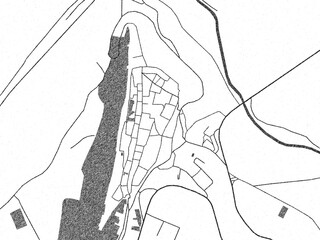 Black and white illustrated map of Obidos, Portugal, with streets, rivers, and neighborhoods.