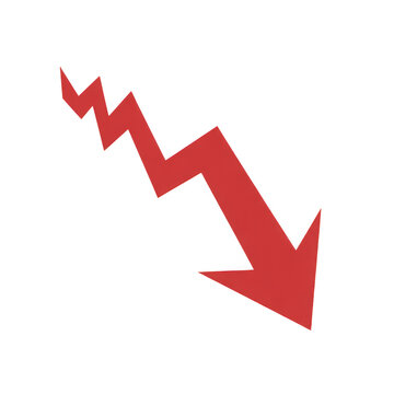 Red jagged downward trend arrow isolated on transparent background