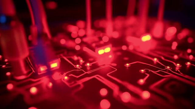 Close-up view of a glowing circuit board with red lights, showcasing intricate connections and technology