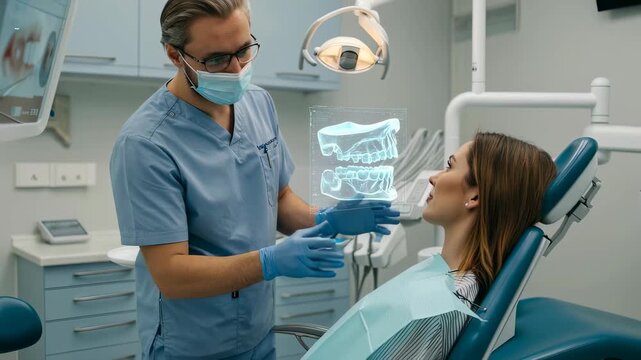 Dentist working with male patient, showing digital jaw x-ray on virtual screen. Dental checkup. Modern technology in dentistry footage.