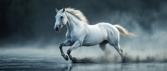 Obraz premium A white horse in motion, kicking up spray against a dark background. Perfectly conveys the dynamism, freedom, and beauty of nature for sports and artistic projects.