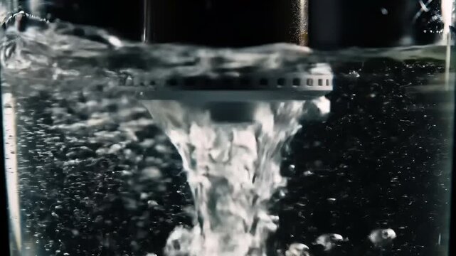 Close-up of hydrafacial machine pouring water into a glass with bubbles and ripples in a dark background for spa and wellness advertising