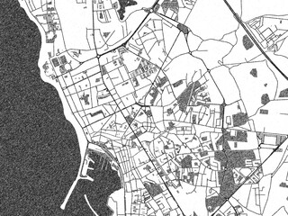 Naklejka premium Illustrated city map of Povoa de Varzim, Portugal, in black and white, showing roads and textures.