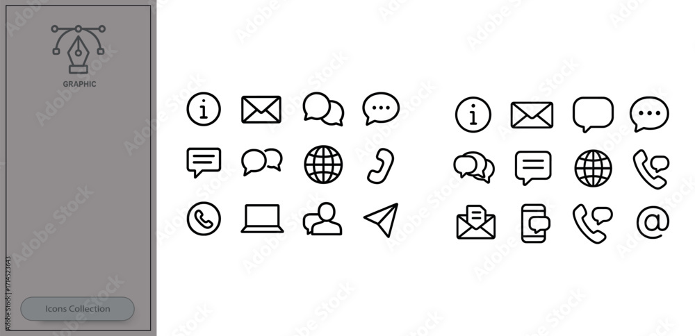 Poster set of simple black and white communication icons for various digital interactions and messaging