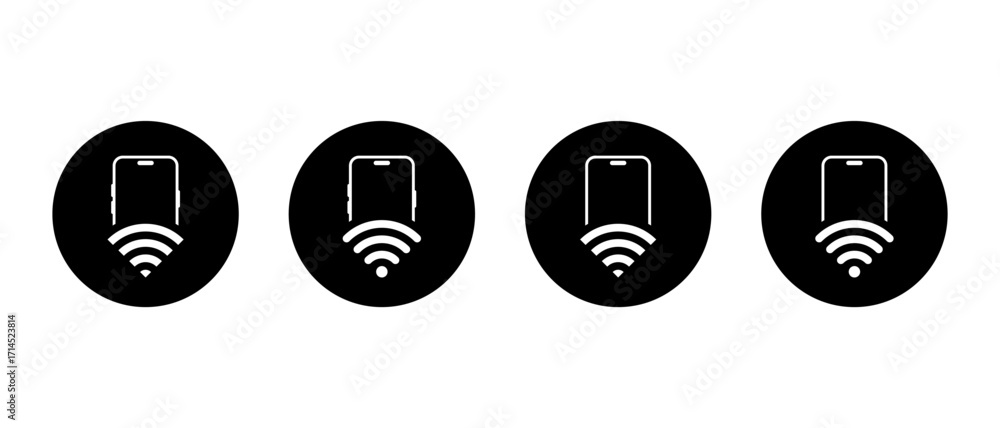Poster smartphone with wifi icon set in black circle. mobile internet and wireless connection symbol