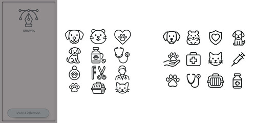 Icons of veterinary care featuring animals and medical tools for pets in a clean, simple design