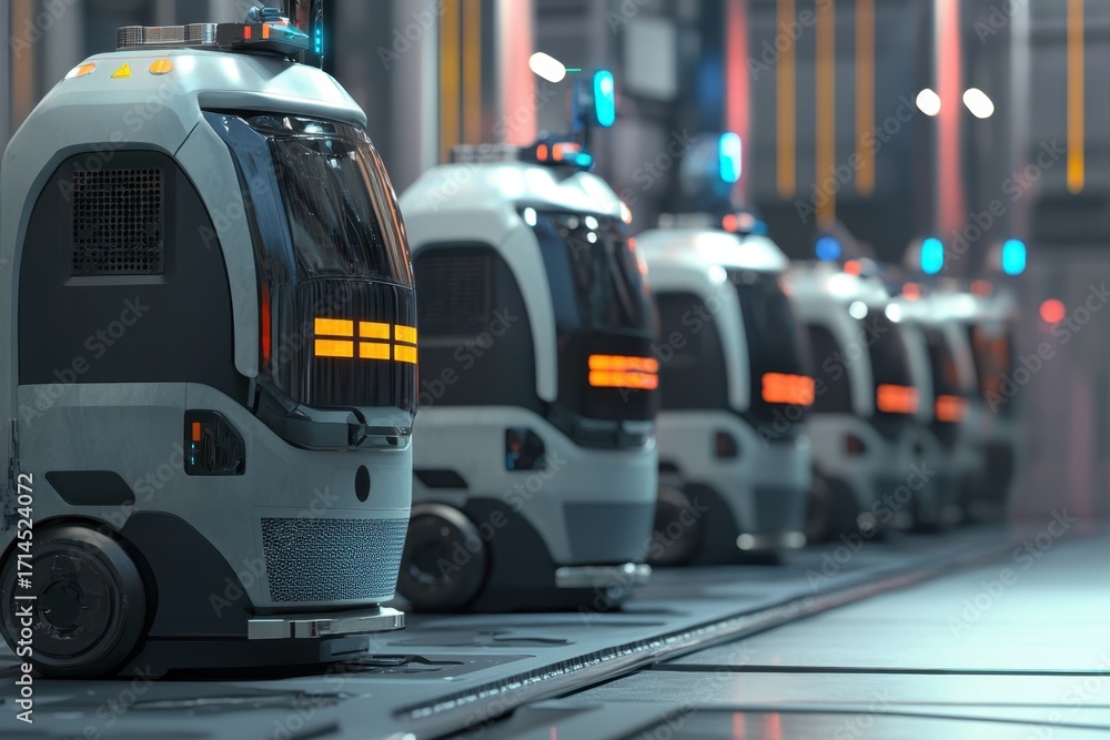 Poster advanced autonomous delivery robots lined up in a modern distribution center
