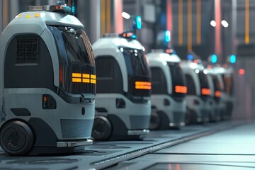 Advanced autonomous delivery robots lined up in a modern distribution center