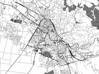 Hand-drawn style black and white city map of Oradea, Romania, with detailed streets and textures.