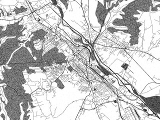 Naklejka premium Illustrated city map of Pitesti, Romania, in black and white, showing roads and textures.