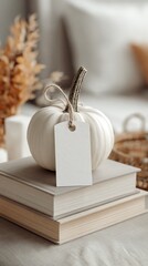 Elegant white ceramic pumpkin with blank tag sitting atop neutral-toned books, creating a minimalist autumn-inspired home decor scene with soft lighting