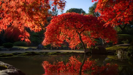 Obraz premium Serene Autumn Japanese Garden: Vibrant Red Maple Reflection in Calm Pond, Peaceful Mood.