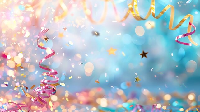 Colorful confetti and streamers falling against a dreamy blurred background, perfect for festive celebrations and events