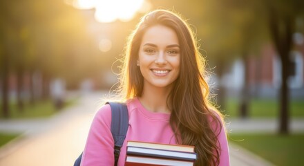 Smiling young woman holding books outdoors