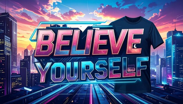 Motivational graphic design featuring a dark navy t-shirt and bold text "Believe Yourself" against a futuristic cityscape - Powered by Adobe