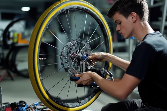 Young mechanic repairing a bicycle wheel in a workshop during afternoon hours