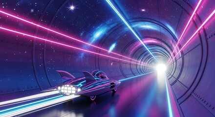 A futuristic tunnel, lit by vibrant neon lights, features a sleek vehicle speeding toward a bright exit.