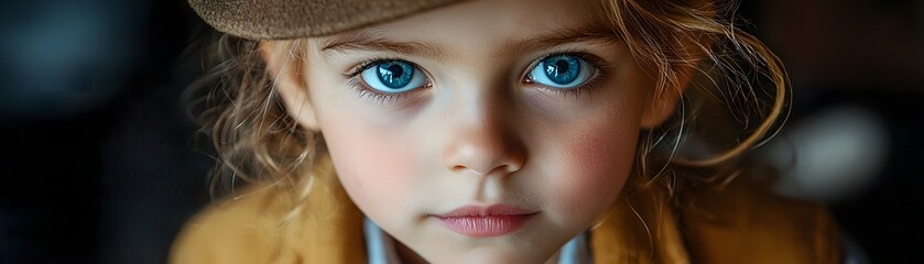 Obraz premium Intense blue eyed child in a cap gazes thoughtfully hinting at a secret investigation
