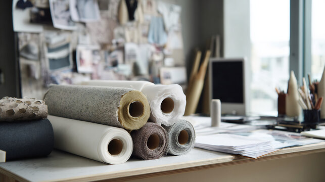 Creative design workspace with rolls of various fabrics and textiles on a desktop, with a blurred mood board and tools in the background.