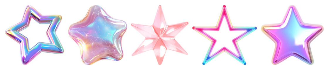 PNG Colorful holographic star designs, element set on transparent background