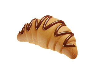 Fresh Chocolate Croissant with Drizzled Chocolate on top for Breakfast. 3d rendering on transparent png. Isolated. 
