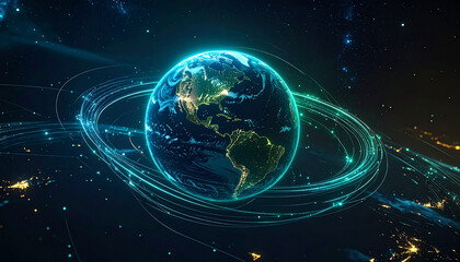 A futuristic glowing globe floating in dark space, surrounded by orbiting data lines in blue and green.