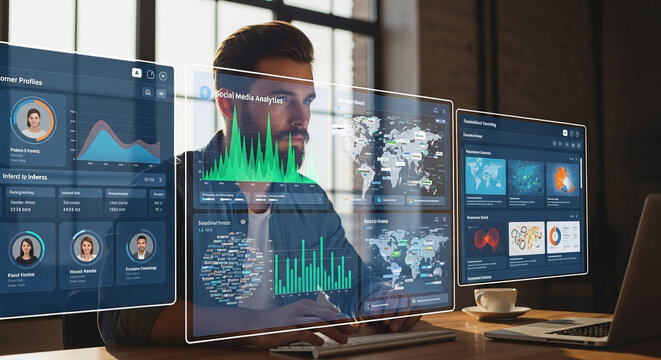 An entrepreneur using AI for deep customer sentiment analysis and personalized marketing strategies, screens showing social media analytics and customer profiles, vibrant and detailed