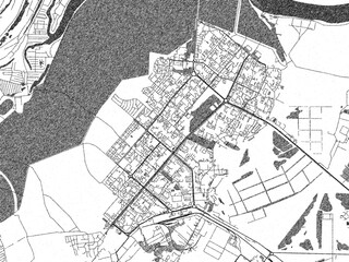 Naklejka premium Black and white cartographic illustration of Nizhnekamsk, Russian Federation, in hand-drawn sketch form.