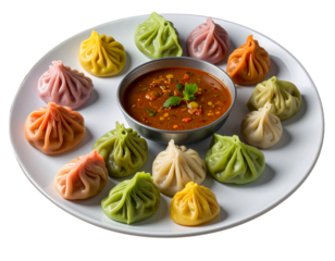 Angled Artistic Presentation of Nepalese Momos with Achar, Isolated on Transparent Background.