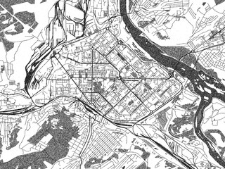 Naklejka premium Minimalist monochrome city map of Novokuznetsk, Russian Federation, illustrated with urban detail.