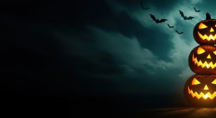 Spooky Stacked Jack O Lanterns Bats Night Sky
