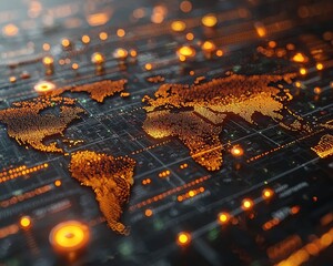 Global network map, glowing orange dots on a circuit board