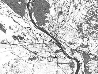 Naklejka premium Illustrated city map of Novosibirsk, Russian Federation, in black and white, showing roads and textures.