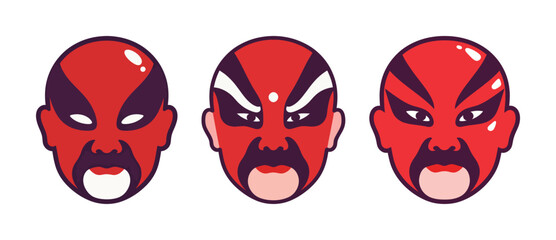 Three traditional Chinese Peking opera face masks with red and black patterns, an illustration of cultural art and theatre.