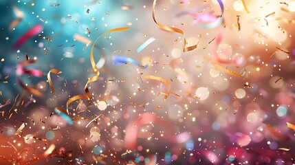 Colorful confetti and ribbons falling against a soft bokeh background with festive atmosphere for celebrations and parties