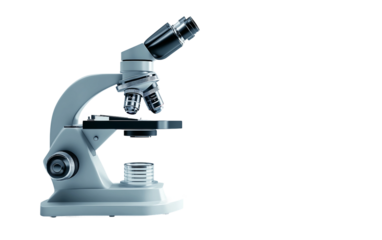 Modern laboratory style microscope rendered with precision shadows symbolizing biology chemistry physics and healthcare innovation isolated on transparent background PNG