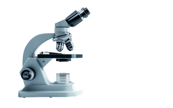 Modern laboratory style microscope rendered with precision shadows symbolizing biology chemistry physics and healthcare innovation isolated on transparent background PNG