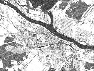 Fototapeta premium Black and white illustrated map of Rybinsk, Russian Federation, with streets, rivers, and neighborhoods.