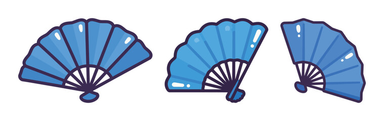 Set of three blue Japanese folding fans, a cultural and decorative accessory illustration.