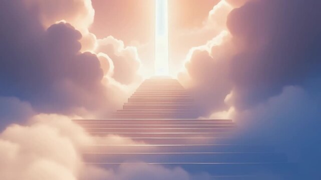 Stairway to heaven video with light shining through the clouds evokes hope and ascension themes
