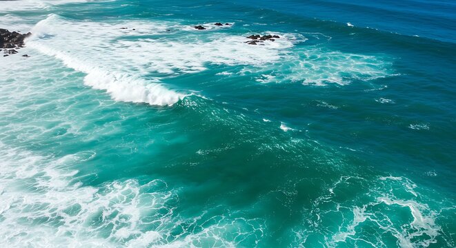 Aerial view of turquoise ocean waves crashing against rocky coastline