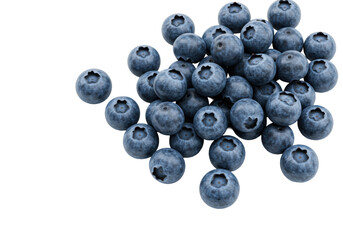 Deep blue blueberries, detailed with glossy skin and white bloom, artfully scattered on a transparent background, ample copy space, soft shadow, concept of healthy eating and natural ingredients.
