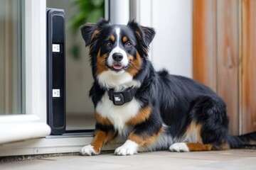 Charming dog relaxed at the entrance of a modern home on a sunny day