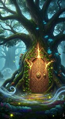 Enchanting wooden door nestled within a colossal tree in a mystical forest, illuminated by ethereal light.